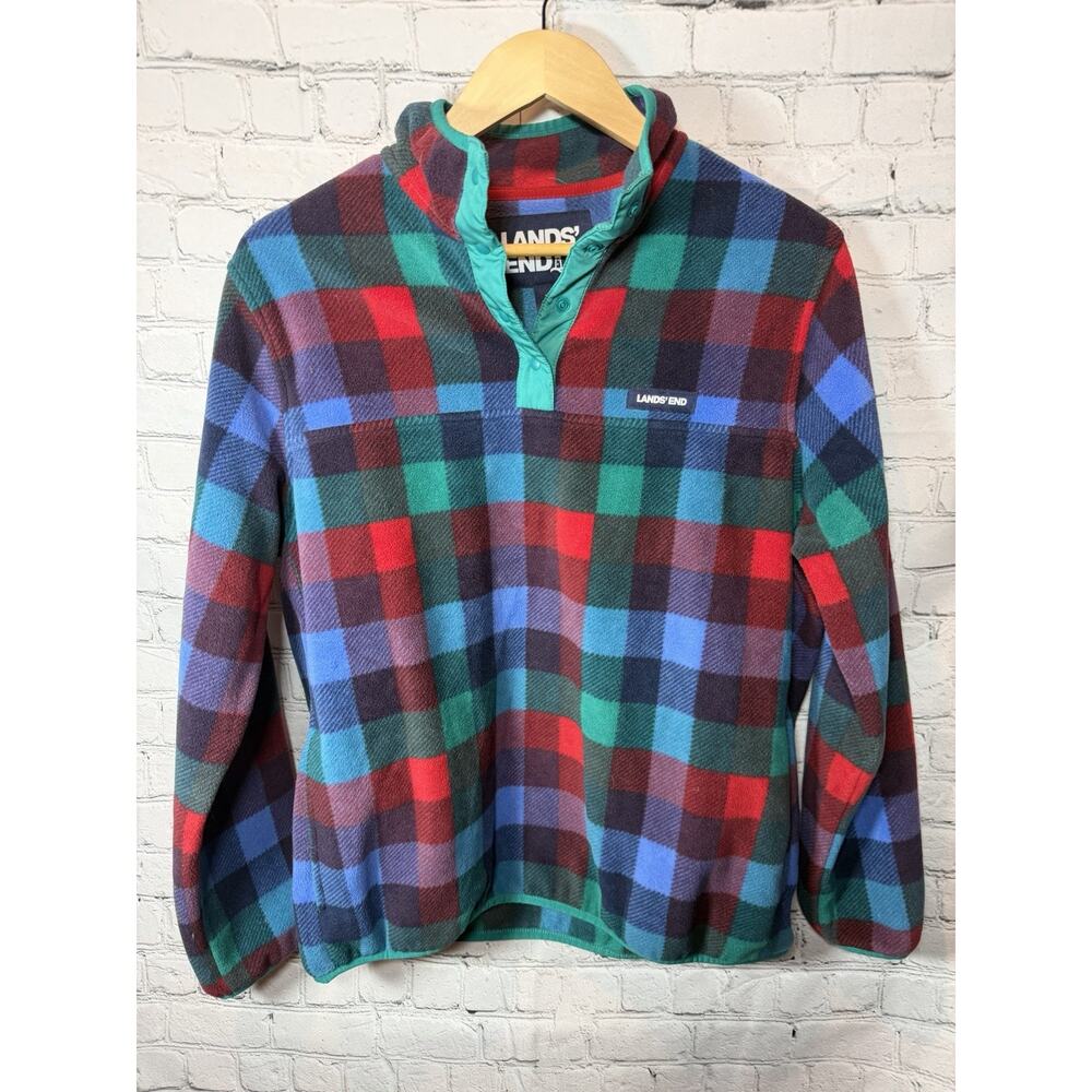 Lands End Unisex Pullover Plaid Fleece Youth Size Large Snap Red Blue Green NWOT